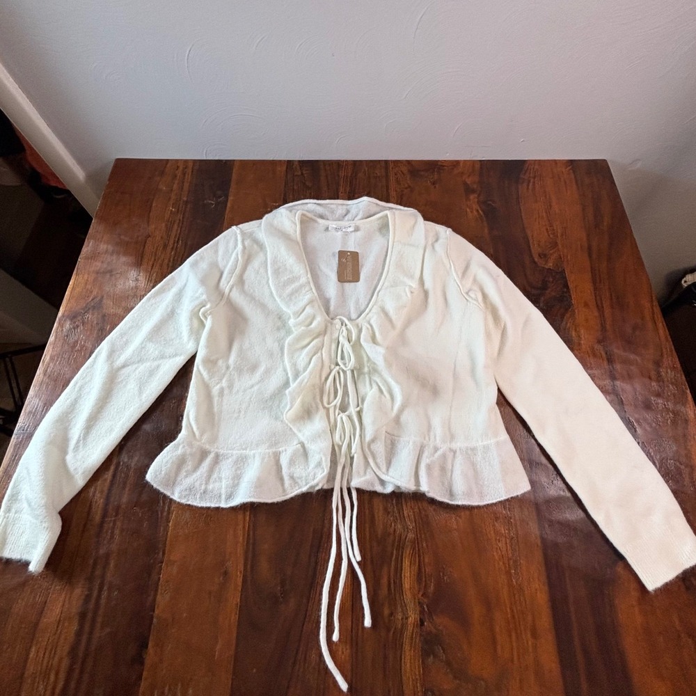 Vestique White Ruffle Tie Front Cardigan Sweater Womens Medium NWT Coquette Knit